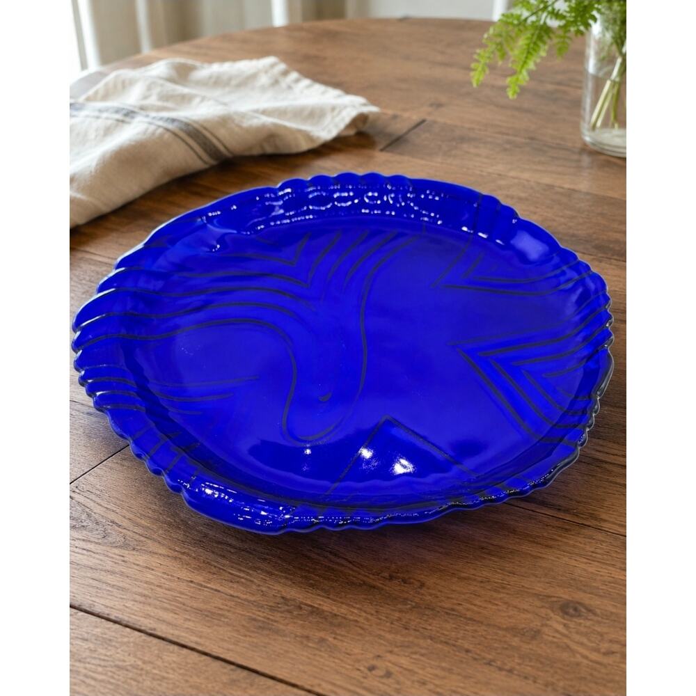 Vintage Cobalt Blue Glass Serving Plate / Decorative Platter – Approx. 13”